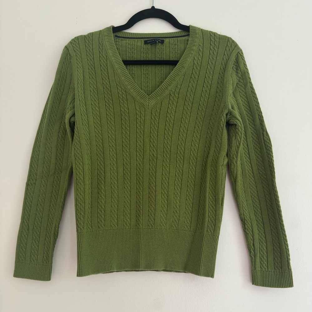 Tommy Hilfiger Olive V-Neck Cable Knit‎ Sweater
